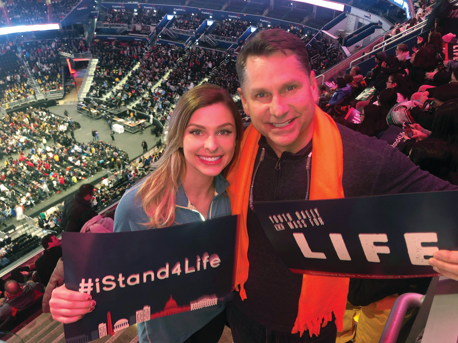 Mary Ernster and her father Chris smile together during a pro-life youth Mass at Capital One Arena in Washington, D.C., on Jan. 24, 2020. The liturgy, which was celebrated by Archbishop Wilton D. Gregory of Washington, was preceded by a rally featuring praise and worship music, prayer and presentations.